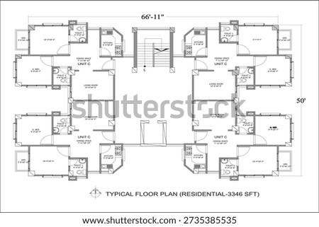 Typical residential architectural floor plan, clean CAD-style vector illustration isolated on white background, EPS 10, 3346 square feet design