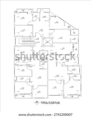 Typical residential floor plan layout, architectural home design, detailed building arrangement – clean CAD-style vector illustration isolated on white background. EPS 10.