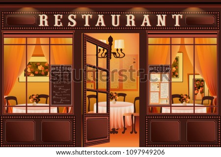 Typical restaurant in the style of the early 20th century. Handmade drawing vector illustration. All items - easily scalable separate objects.