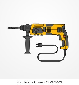 Typical Rotary Hammer With Wire And Auger. Modern Isolated Drill Tool In Flat Style. Professional Power Tool Vector Stock Image.