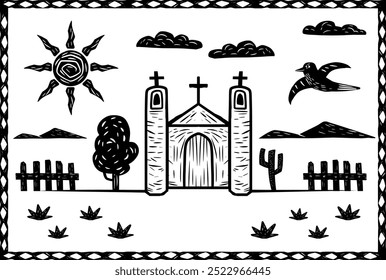 Typical scenery from the interior of Brazil. A church with a backdrop of sun, birds and clouds. Woodcut style elements, vectorized and separated.