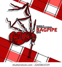A typical Scottish musical instrument commonly called the bagpipe with bold text on white background to commemorate International Bagpipe Day on March 10