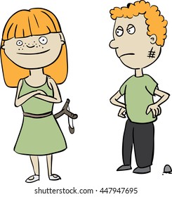 Typical siblings teasing each other. The little sister just shot her brother with a slingshot. He is not happy. She is pretending like nothing happened