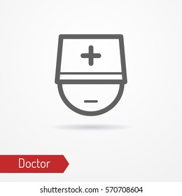 Typical simplistic doctor face in professional hat with cross. Medic or surgeon head isolated minimalistic icon in line style with shadow. Profession and healthcare vector stock image.