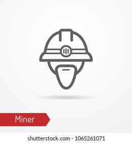 Typical simplistic miner face in professional helmet with headlight. Miner or digger head isolated icon in line style with shadow. Profession and industrial vector stock image.