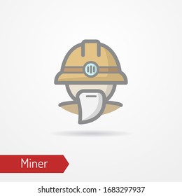 Typical simplistic miner face in professional helmet with light. Miner or digger head isolated icon in flat style with shadow. Profession vector stock image.
