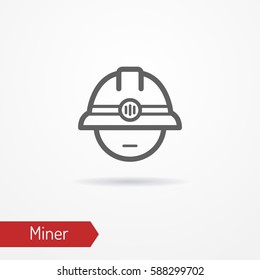 Typical simplistic miner face in professional helmet with headlight. Miner or digger head isolated icon in line style with shadow. Profession and industrial vector stock image.