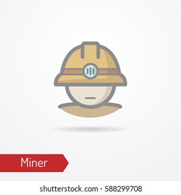 Typical simplistic miner face in professional helmet with light. Miner or digger head isolated icon in flat style with shadow. Profession vector stock image.