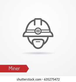 Typical simplistic miner face in professional helmet with headlight. Miner or digger head isolated icon in line style with shadow. Profession and industrial vector stock image.