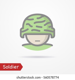 Typical simplistic soldier face in camouflage helmet. Man head isolated icon in line style with shadow. Army vector stock image.