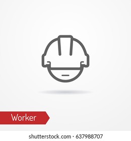 Typical simplistic worker face in professional helmet. Warehouse worker or builder head isolated icon in line style with shadow. Profession and industrial vector stock image.