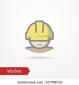 Typical simplistic worker face in professional helmet. Warehouse worker or builder head isolated icon in flat style with shadow. Profession and industrial vector stock image.