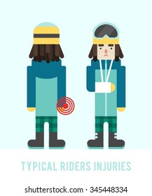 Typical snowboarders injuries. Flat style: Snowboarder with broken arm. Snowboarder boy are sick. Snowboarders injuries vector illustration.