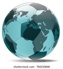 A typical soccer football with Earth map globe isolated over a white background.