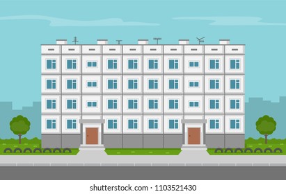 Typical soviet era apartment. Panel house building in former USSR contries. Flat vector illustration template.