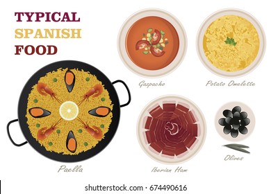 Typical Spanish Food. Gazpacho, Potato Omelette, Iberian Ham, Olives