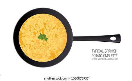 Typical Spanish potato omelette in a pan. Ornament parsley