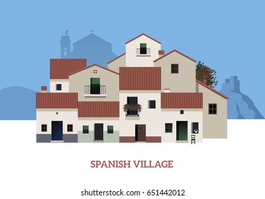 Typical Spanish Village. Mountains and castle on the background. Stork under the bell tower. Vector Illustration