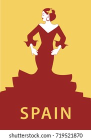 Typical Spanish woman wearing flamenco dress. Vector Illustration