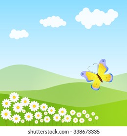 Typical spring landscape with flowers and butterfly
