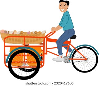 Typical street bread seller with a trycicle and a basket with bakery