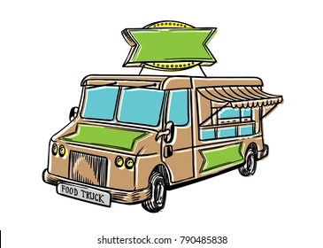 Typical street food truck. Line art colorful vector illustration with blank logo sign.