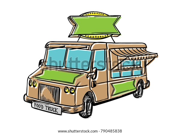 Typical street food truck. Line art colorful\
vector illustration with blank logo\
sign.
