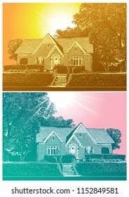 Typical Suburb House in Vintage Style - Summer and Autumn View. Vector graphic illustration of traditional American residential building in suburban neighborhood or small town.