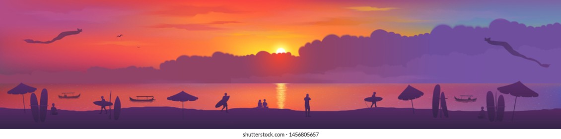 Typical sunset view of Bali island Kuta beach with kites, surfing boards, beach umbrellas, fishing boats and surfers silhouettes.Vector banner illustration