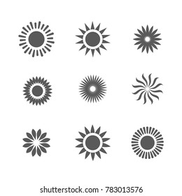 Typical sunshine or sunny icon set with rays of sun beating