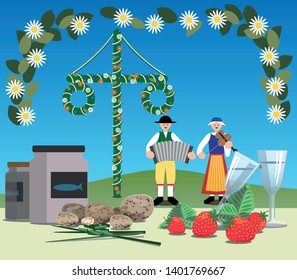 A typical Swedish midsummer with maypole, folk music, pickled herring, new potatoes, chive, snaps and strawberries.