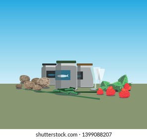 Typical Swedish Midsummer meal with,  new potatoes, chive, pickled herring, snaps and strawberries. Vector Illustration