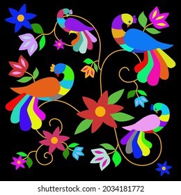 Typical Tenango birds and flowers embroidery. Mexican traditional Otomi embroidery