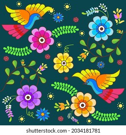 Typical Tenango birds and flowers embroidery. Mexican traditional Otomi embroidery