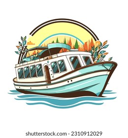 Typical touring boat. Leisure and holidays on the water. Cartoon vector illustration. label, sticker 