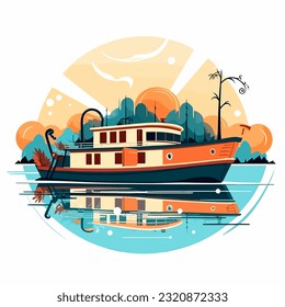 Typical touring boat. Leisure and holidays on the water. Cartoon vector illustration. label, sticker 