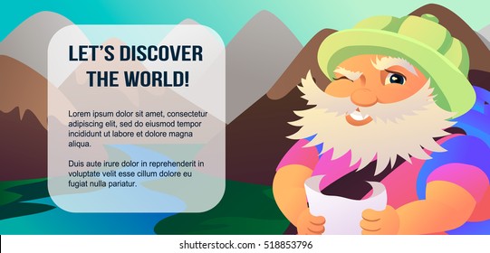 Typical tourist with a map, a hat and a blue backpack. Background with beautiful landscape of a mountain chain and a river. Flat vector illustration.