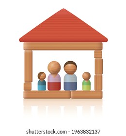 Typical toy family in their simple wooden toy block house - symbol for simplicity concerning easy living or affordable habitation - or just a funny childs play. Vector on white background.
