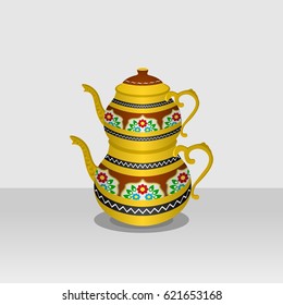 Typical Traditional Caydanlik Turkish Tea Pot with Floral Pattern Vector Illustration for Tea Shop or Product Marketing and Ottoman Turkish Culture Related Design