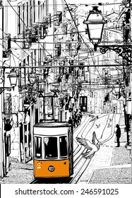 Typical tramway in Lisbon near Chiado square - Vector illustration