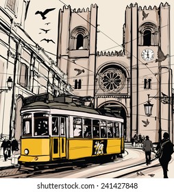 Typical tramway in Lisbon near Se cathedral - Vector illustration