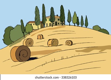 Typical Tuscany landscape, hand drawn, Illustration - vector Illustration