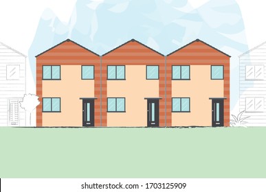 Typical UK Affordable Housing. Terraced New Build Townhouses. Architects Drawings Vector.