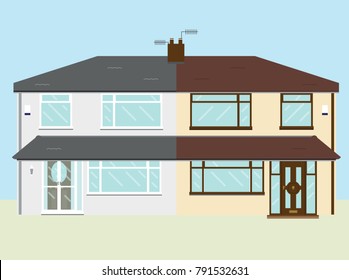 Typical UK fifties semi detached rendered house with extended porch 