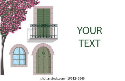 Typical white Mediterranean house with bougainvillea tree in blossom. Isolated vector illustration on white background. Banner template.