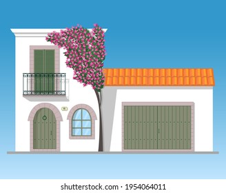 Típica casa blanca mediterránea con garaje y buganvillas en flor. Ilustración vectorial aislada sobre fondo azul.