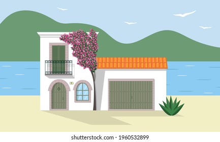 Typical white Mediterranean house with garage and bougainvillea tree in blossom on seashore. Costal house on the sea. Flat vector illustration.