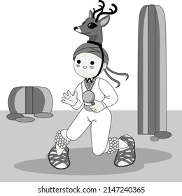 Typical Yaqui Deer Dance of Sonora, Mexico. Cute cartoon dancer in gray scale.