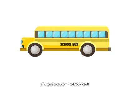 Typical yellow school bus in cartoon style isolated on white background.