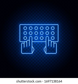 teclear, armas, icono del vector neón azul del teclado. Icono vector neón azul y amarillo. Fondo transparente